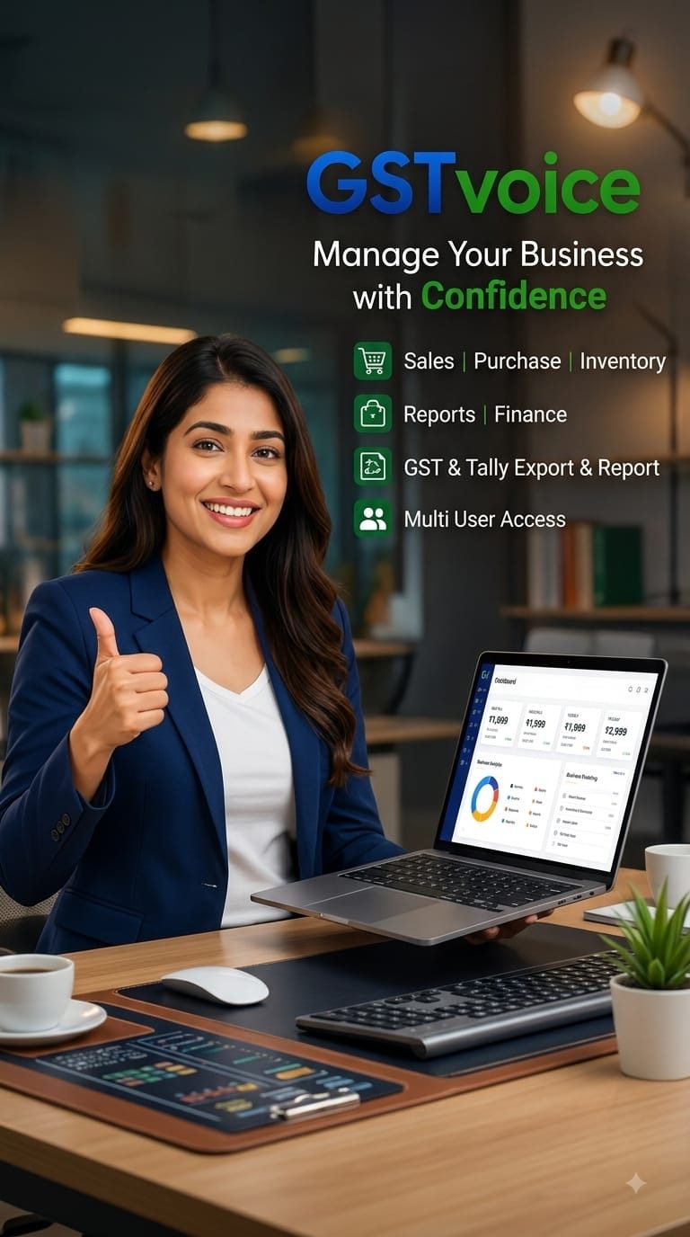 GSTvoice open on a laptop at a shop counter